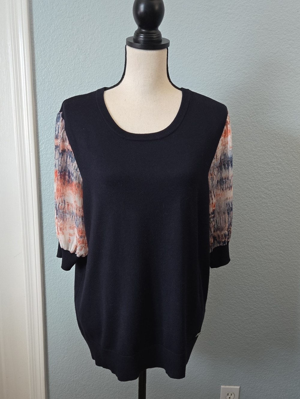 DKNY Mixed Media Top Watercolor Print Stroke Chiffon Statement Sleeves Black XL